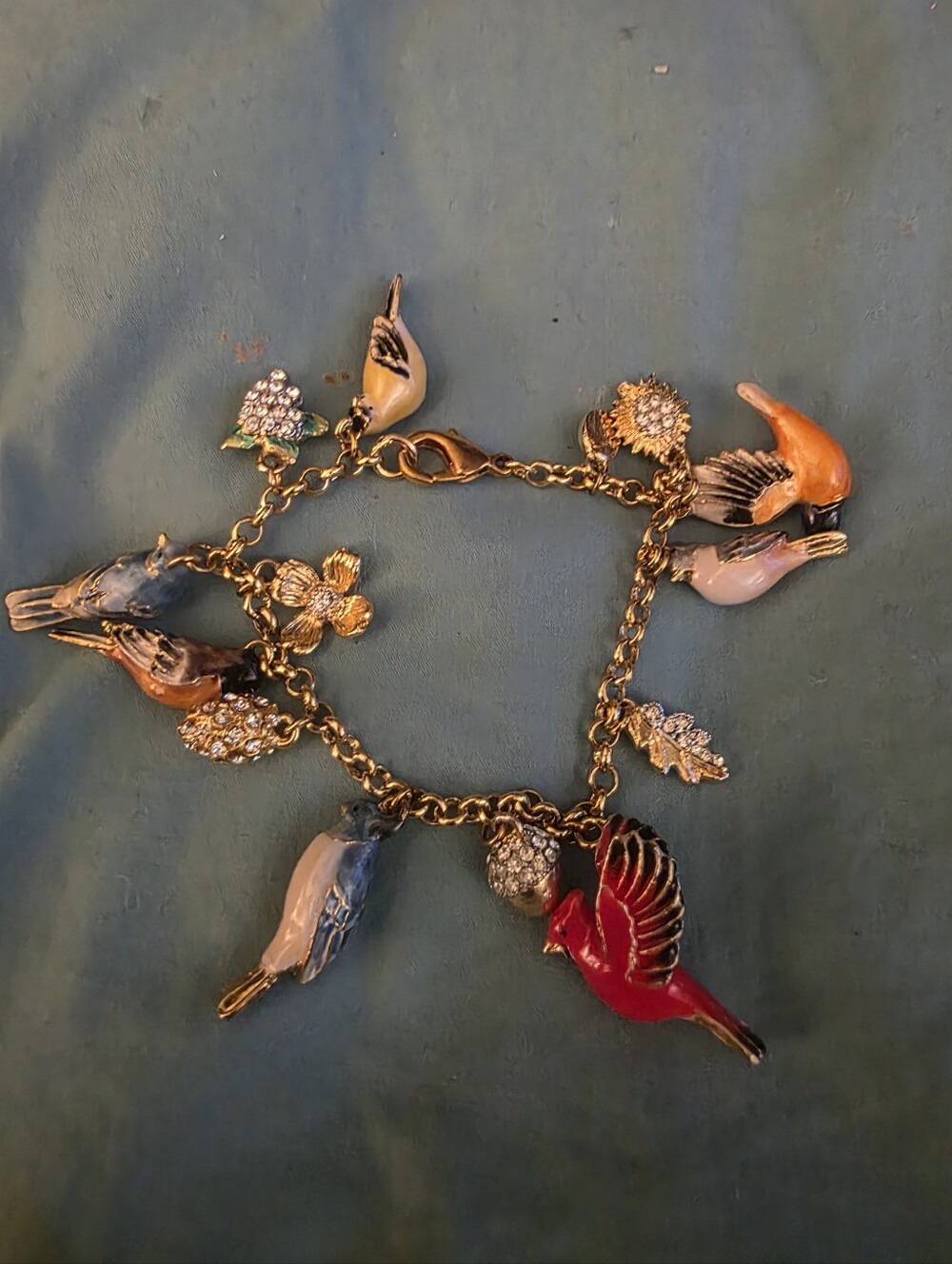 Vintage Kirks Folly Enameled Songbird & Crystal Charm Bracelet